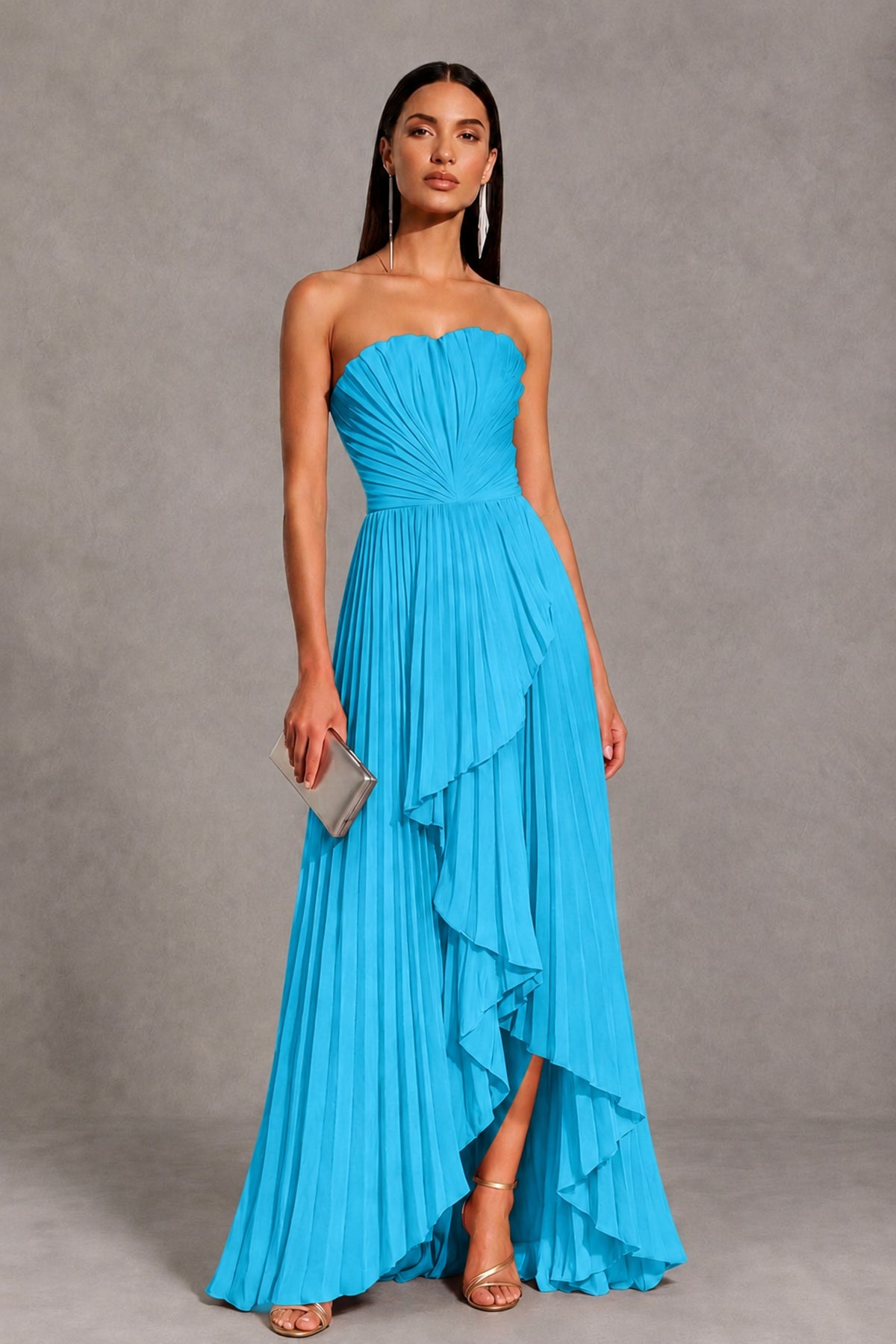 Pool Strapless Pleated High-Low Evening Gown with Ruffle Hem - Pool - Pool_1