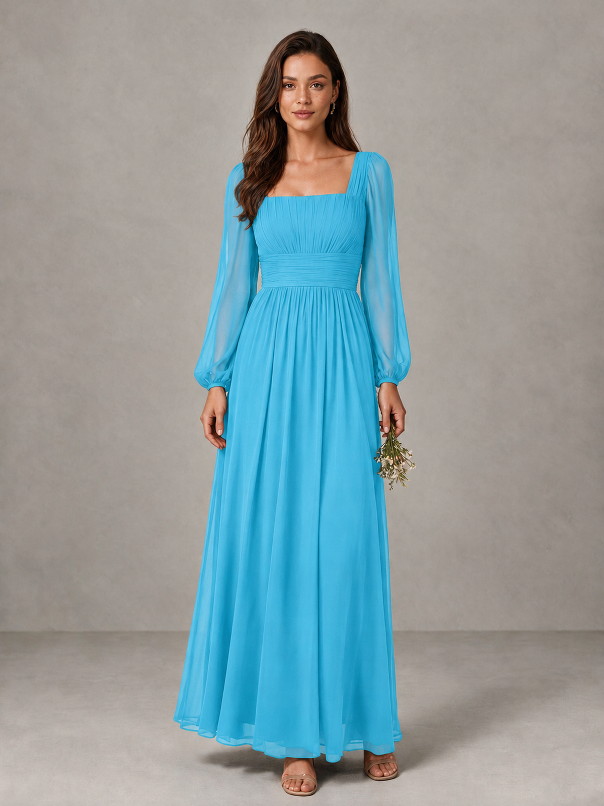 BOLODOO Pool Square Neck Long Sleeve Chiffon Bridesmaid Dress - Pool - Pool_1
