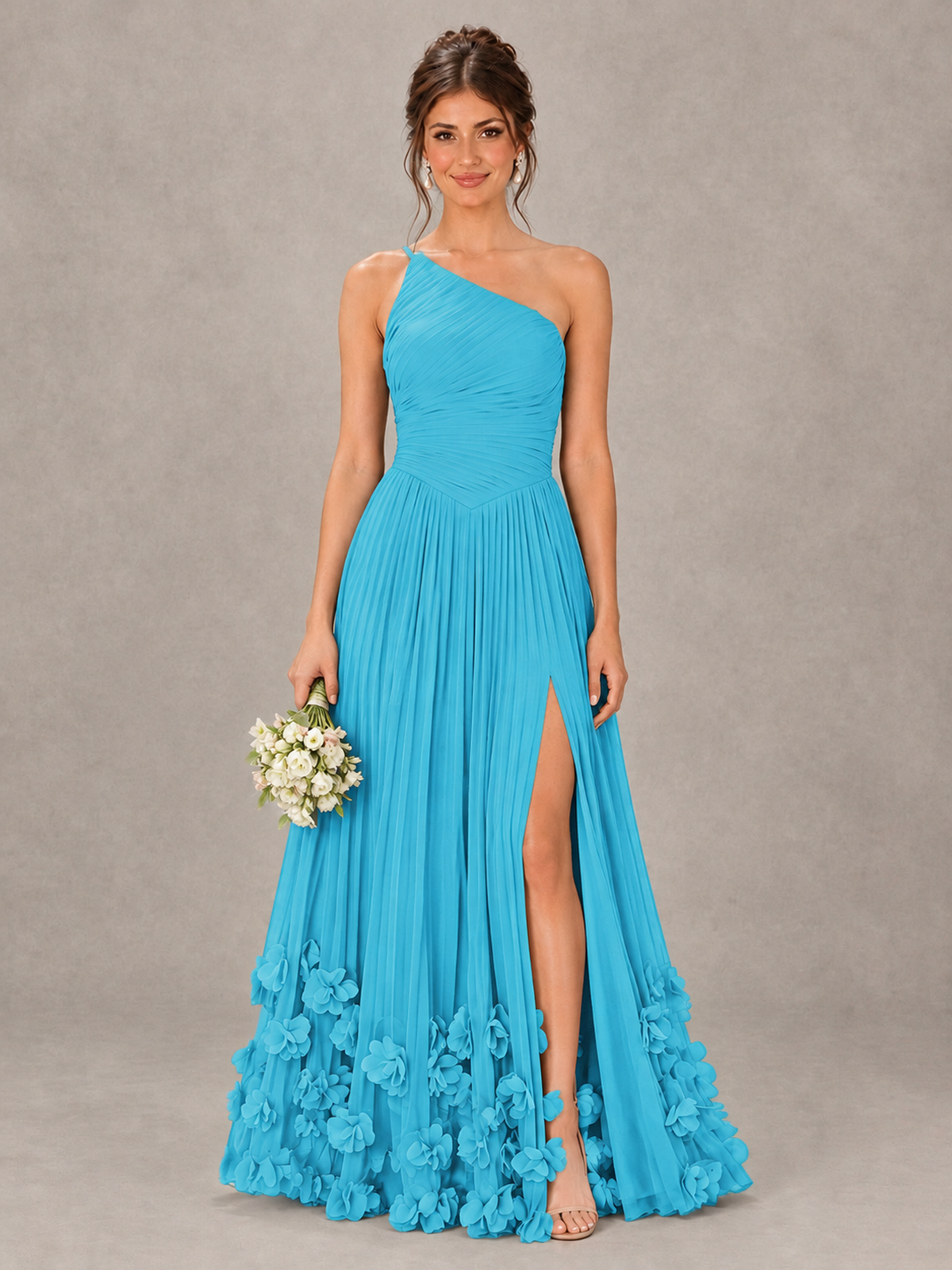BOLODOO Pool One-Shoulder Pleated Bridesmaid Dress with 3D Floral Hem - Pool - Pool_1