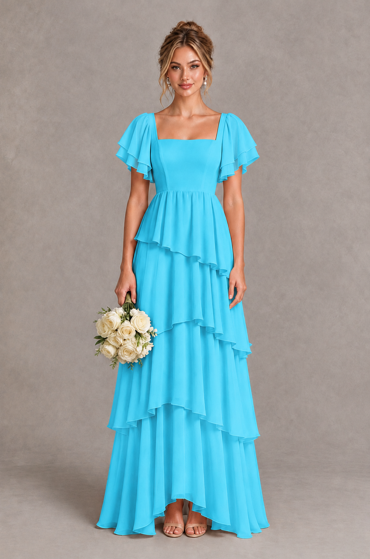 BOLODOO Pool Square Neck Flutter Sleeve Tiered Chiffon Bridesmaid Dress with Lace-Up Back - Pool - Pool_1