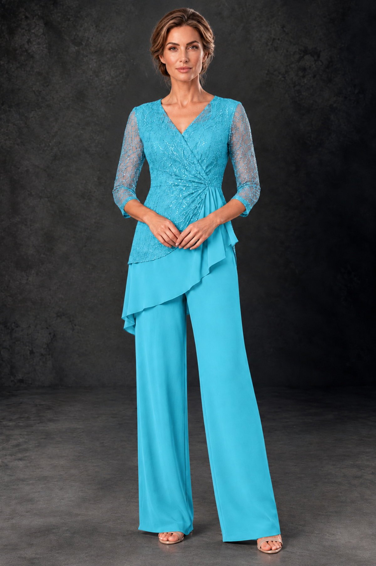 BOLODOO Pool Sequin Lace 3/4 Sleeve Chiffon Mother of the Bride Pant Suit - Pool - Pool_1