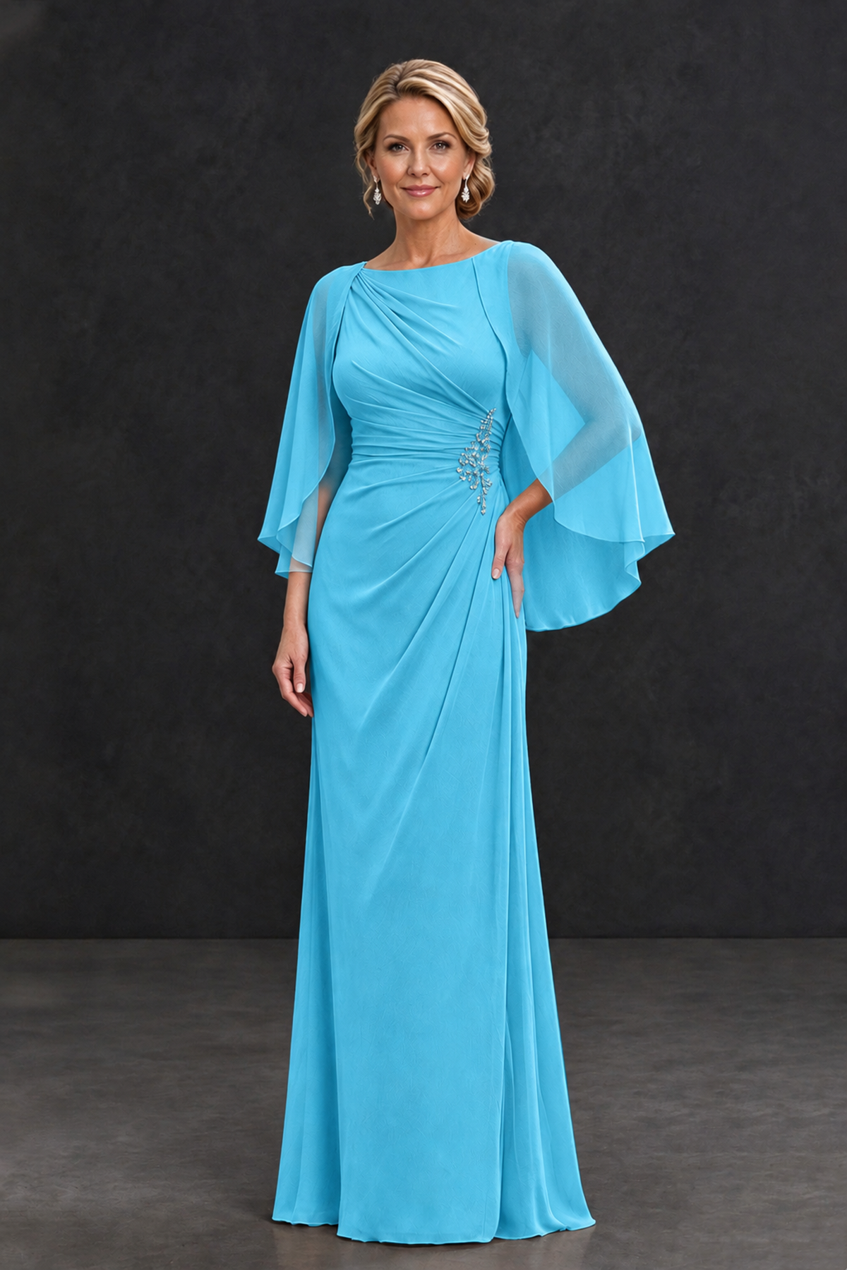 BOLODOO Pool Cape Sleeve Mother of the Bride Dress with Ruched Waist - Pool - Pool_1