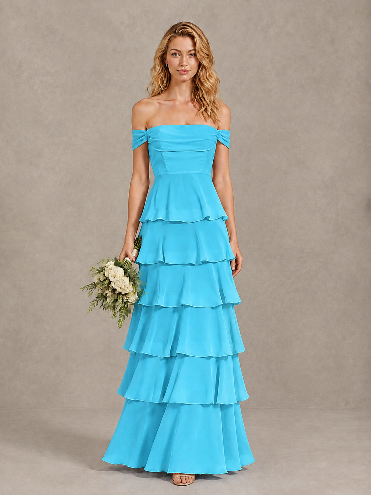 BOLODOO Pool Off-Shoulder Tiered Ruffle Bridesmaid Dress with Lace-Up Back - Pool - Pool_1