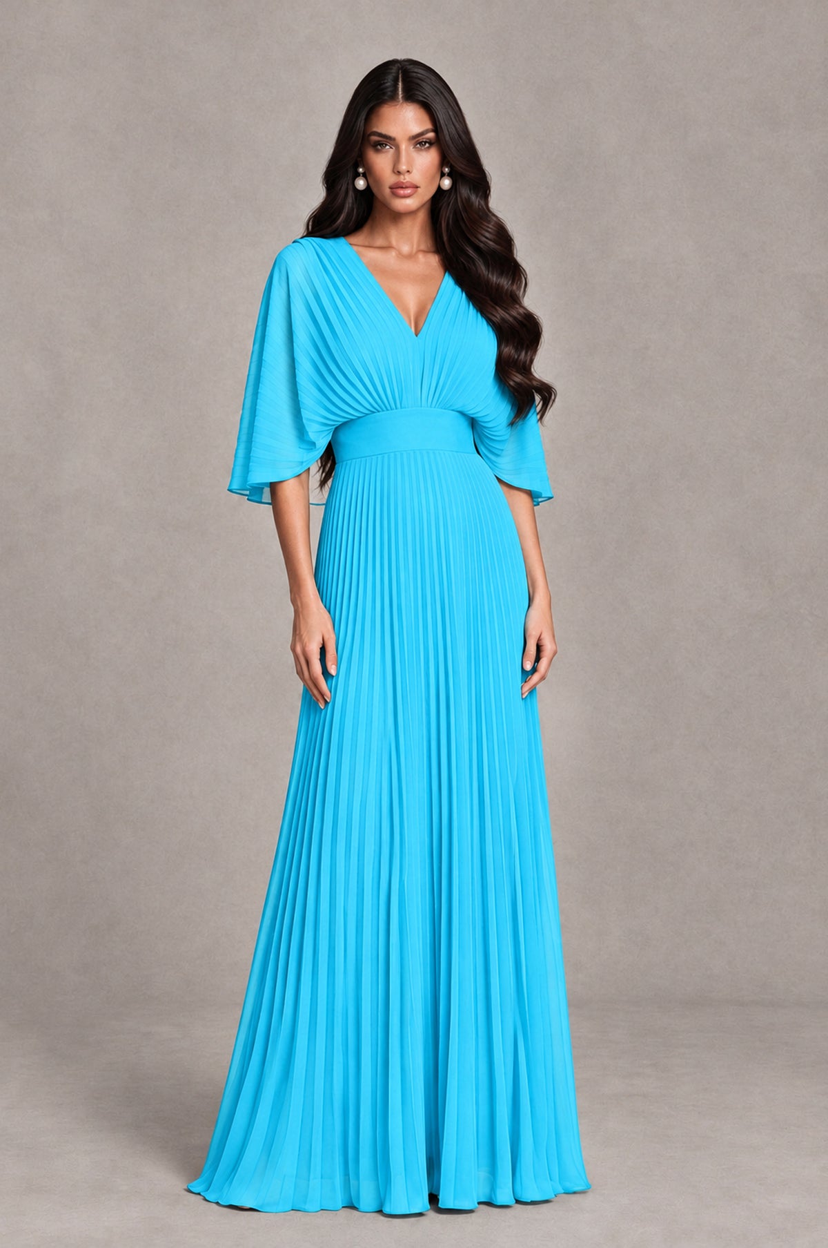 BOLODOO Pool V-Neck Pleated Flutter Sleeve Formal Dress - Pool - Pool_1