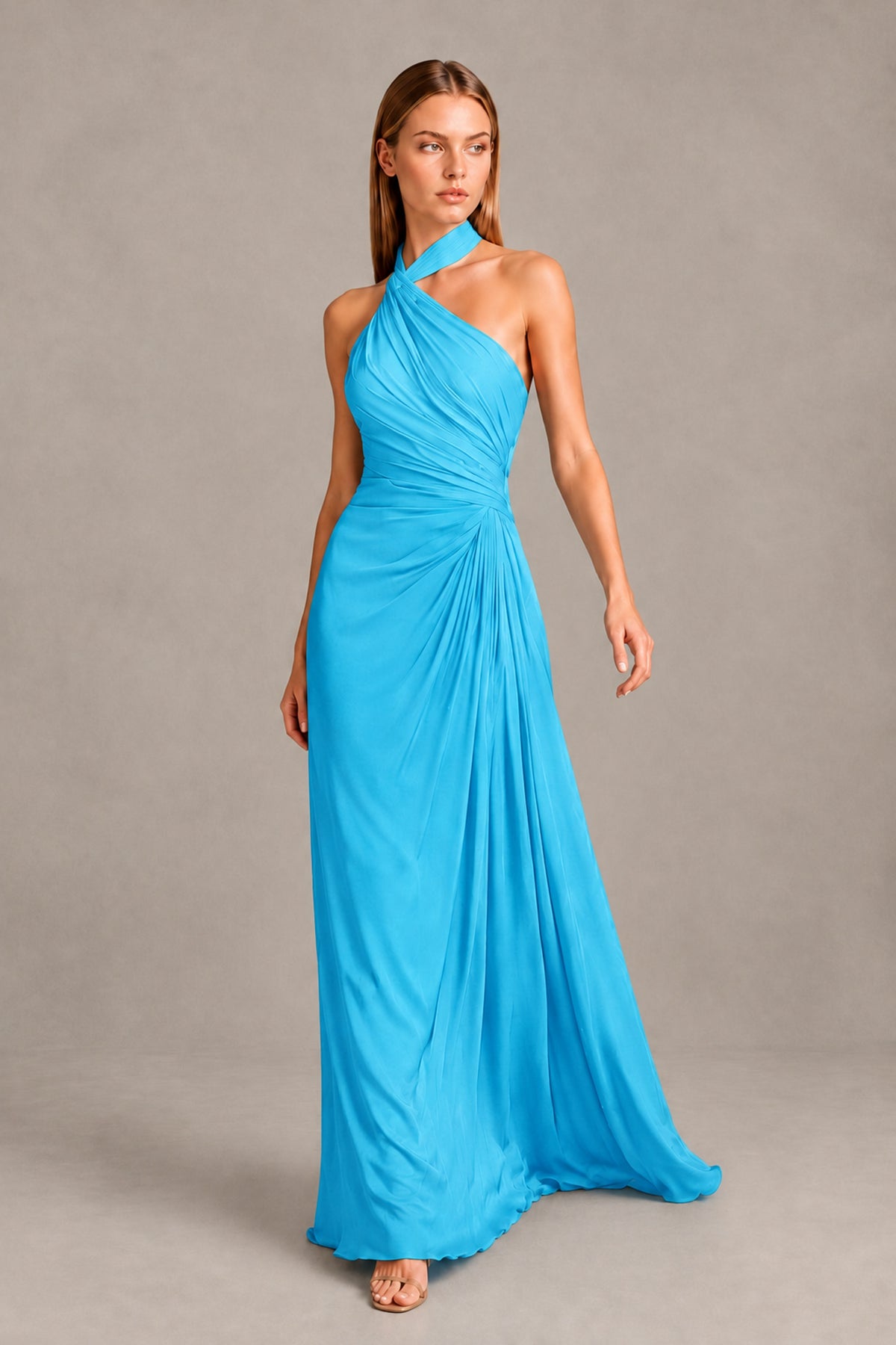 BOLODOO Pool Twisted Halter Neck Ruched Sleeveless Open Back Floor-Length Gown - Pool - Pool_1