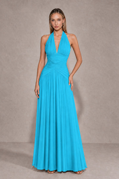 BOLODOO Pool Chiffon Halter Deep V-Neck Ruched A-Line Backless Maxi Dress with Train-BD0167 - Pool - Pool_1