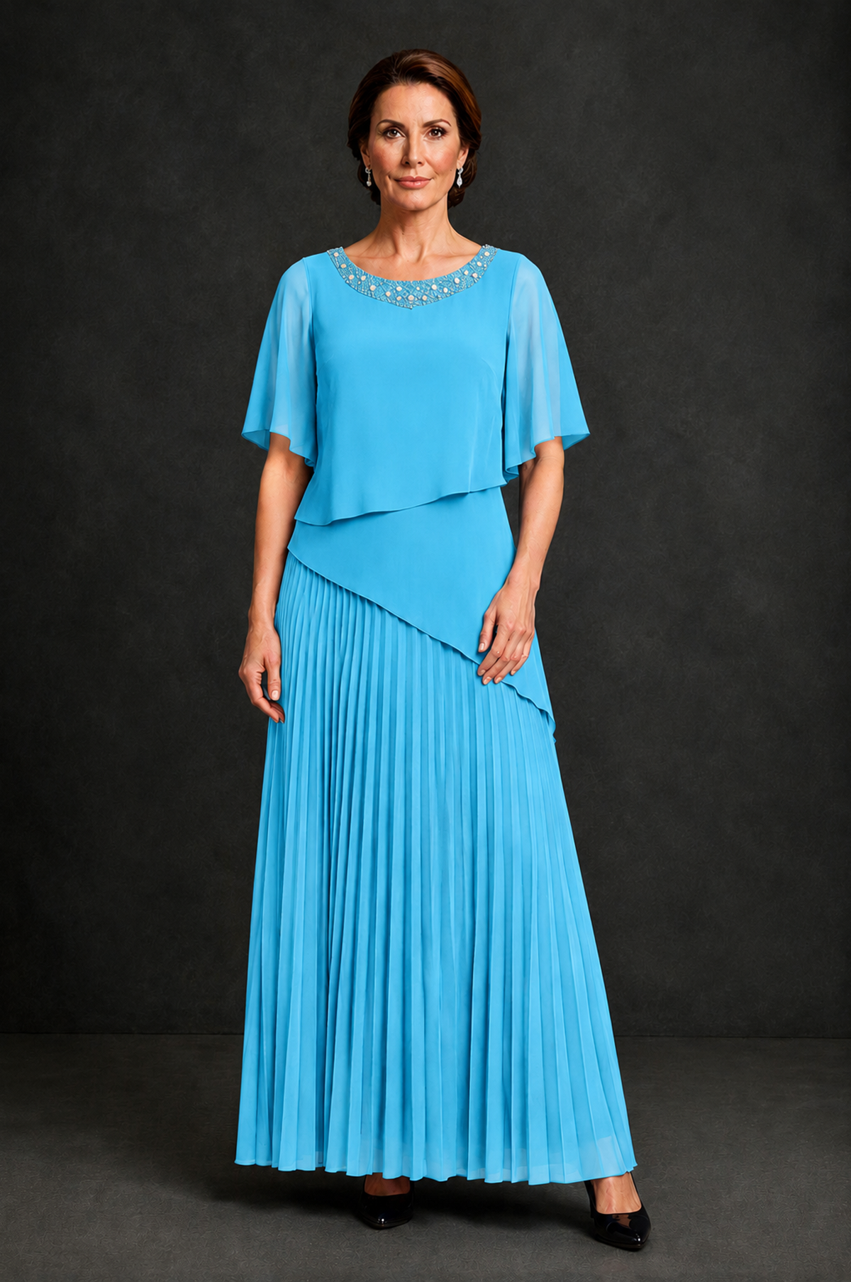 BOLODOO Pool Pearl Beaded Neck Asymmetric Tiered Flutter Sleeve Pleated Chiffon Maxi Dress - Pool - Pool_1