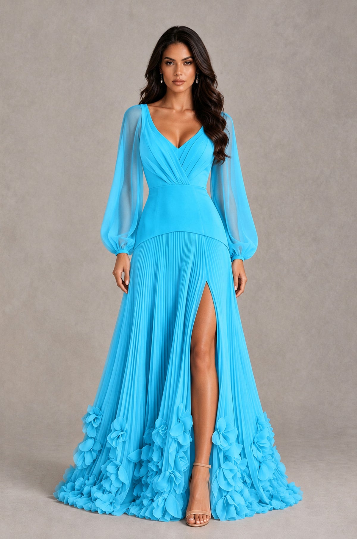 BOLODOO Pool V-Neck Long Sleeve Pleated Floral Hem Evening Dress - Pool - Pool_1