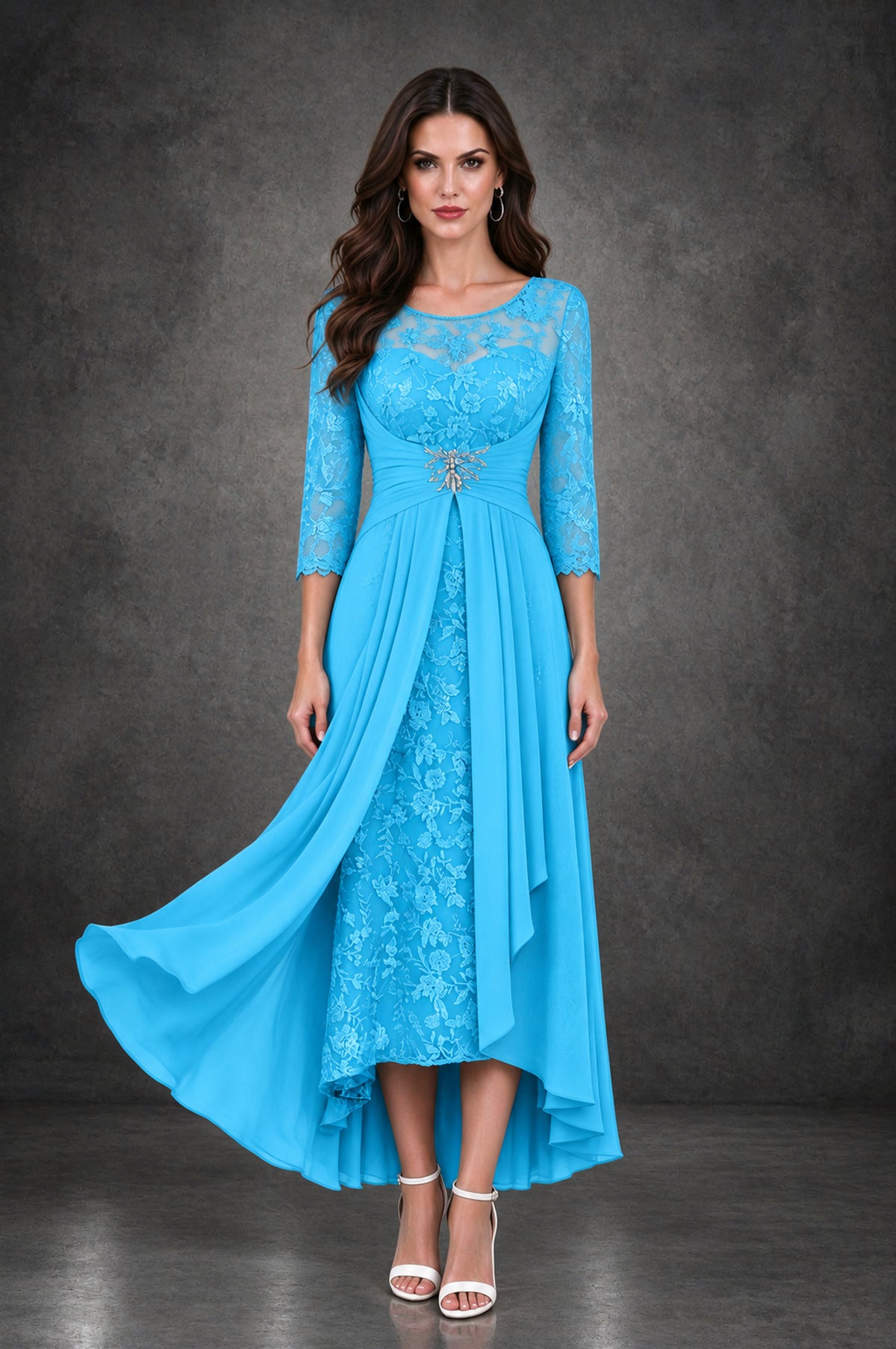 BOLODOO Pool Sequin Lace & Chiffon Tea-Length Mother of the Bride Dress with 3/4 Sleeves - Pool - Pool_1