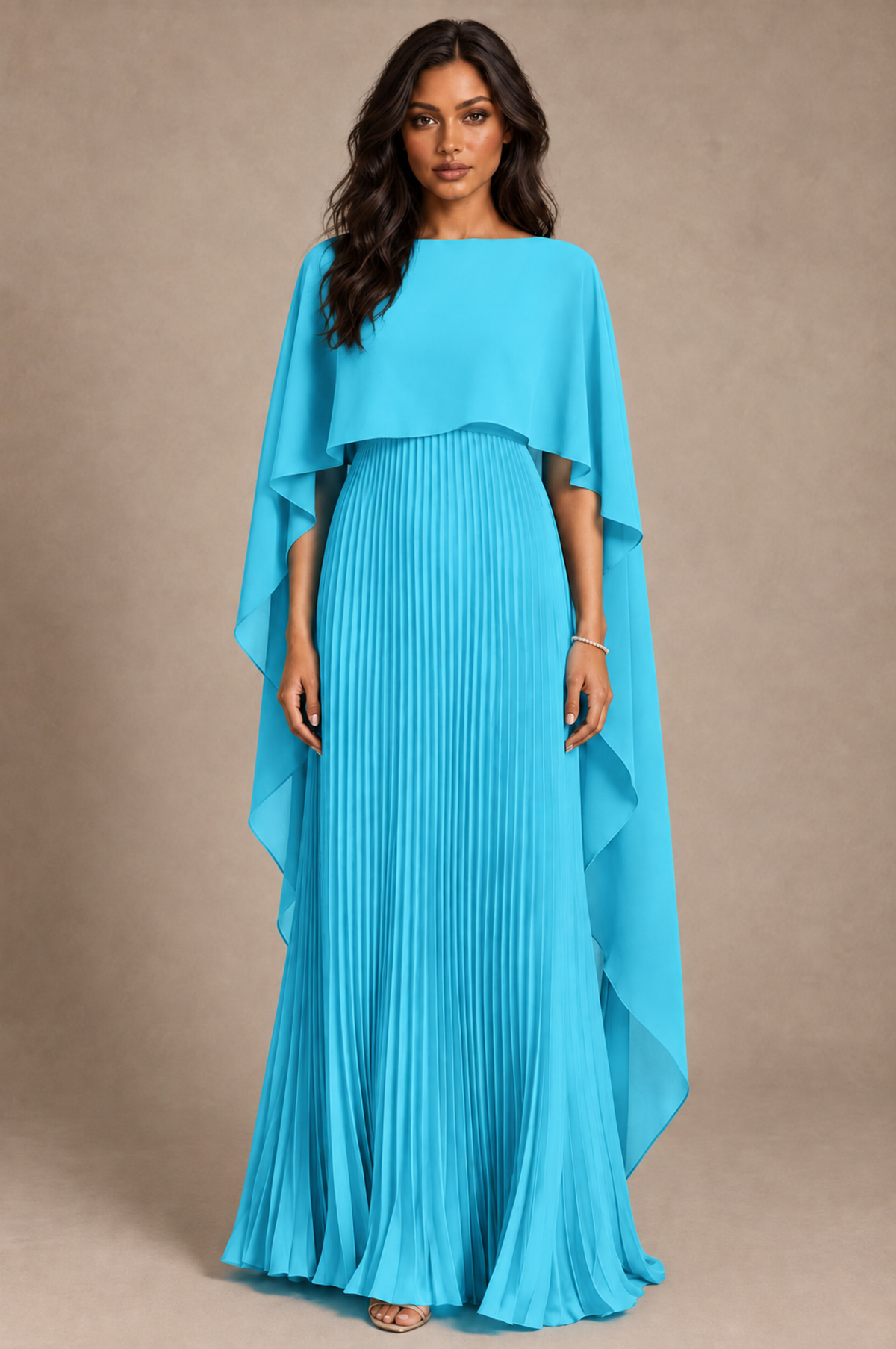 BOLODOO Pool Pleated Cape A-Line Evening Dress - Pool - Pool_1