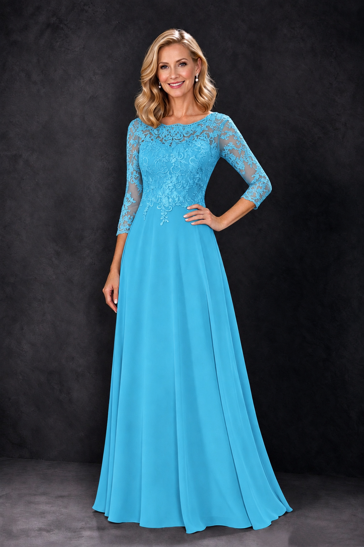 BOLODOO Pool Lace Embroidered Mother of the Bride Dress with 3/4 Sleeves - Pool - Pool_1