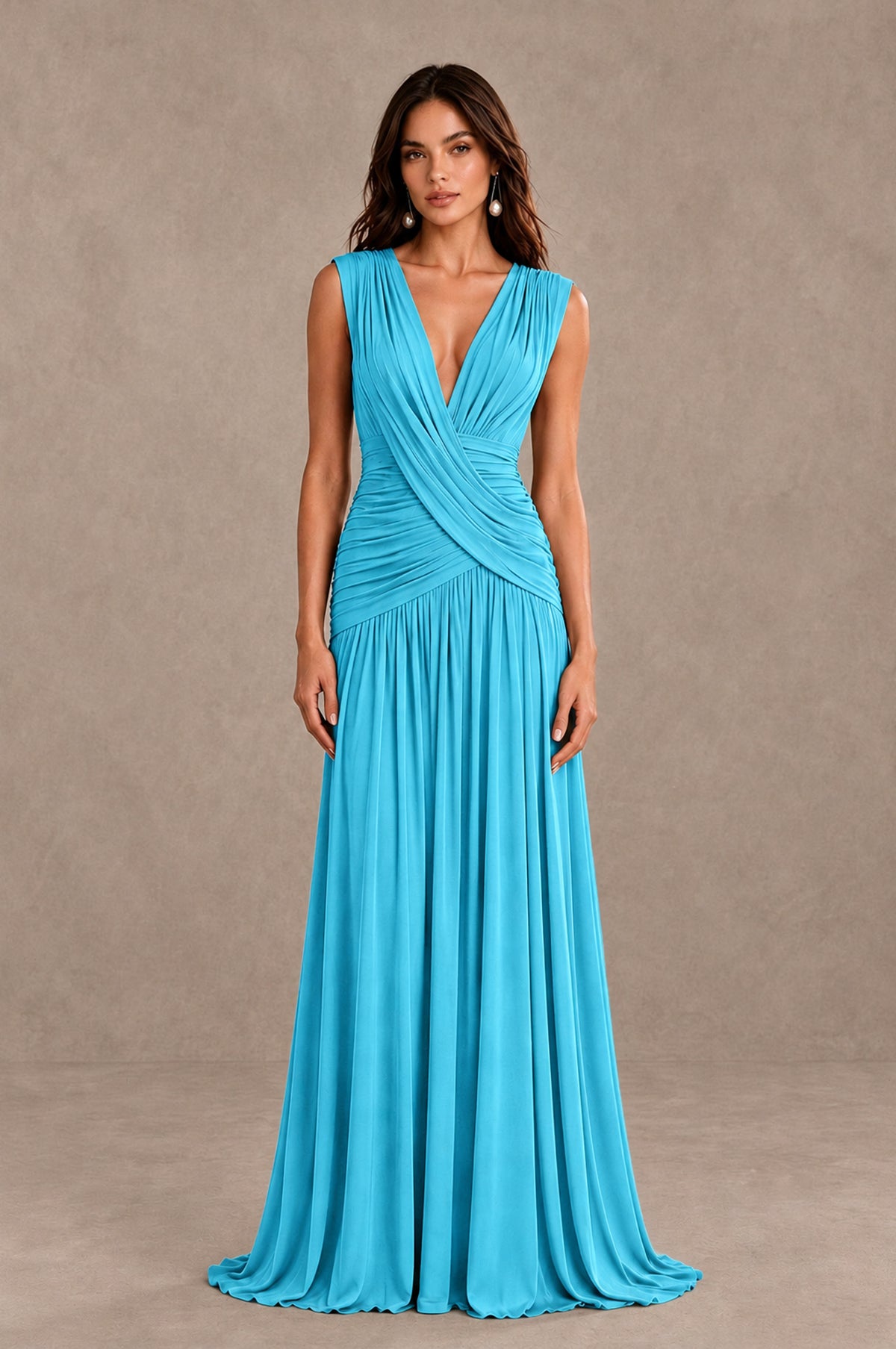 BOLODOO Pool V-Neck Ruched Wedding Guest Dress - Pool - Pool_1
