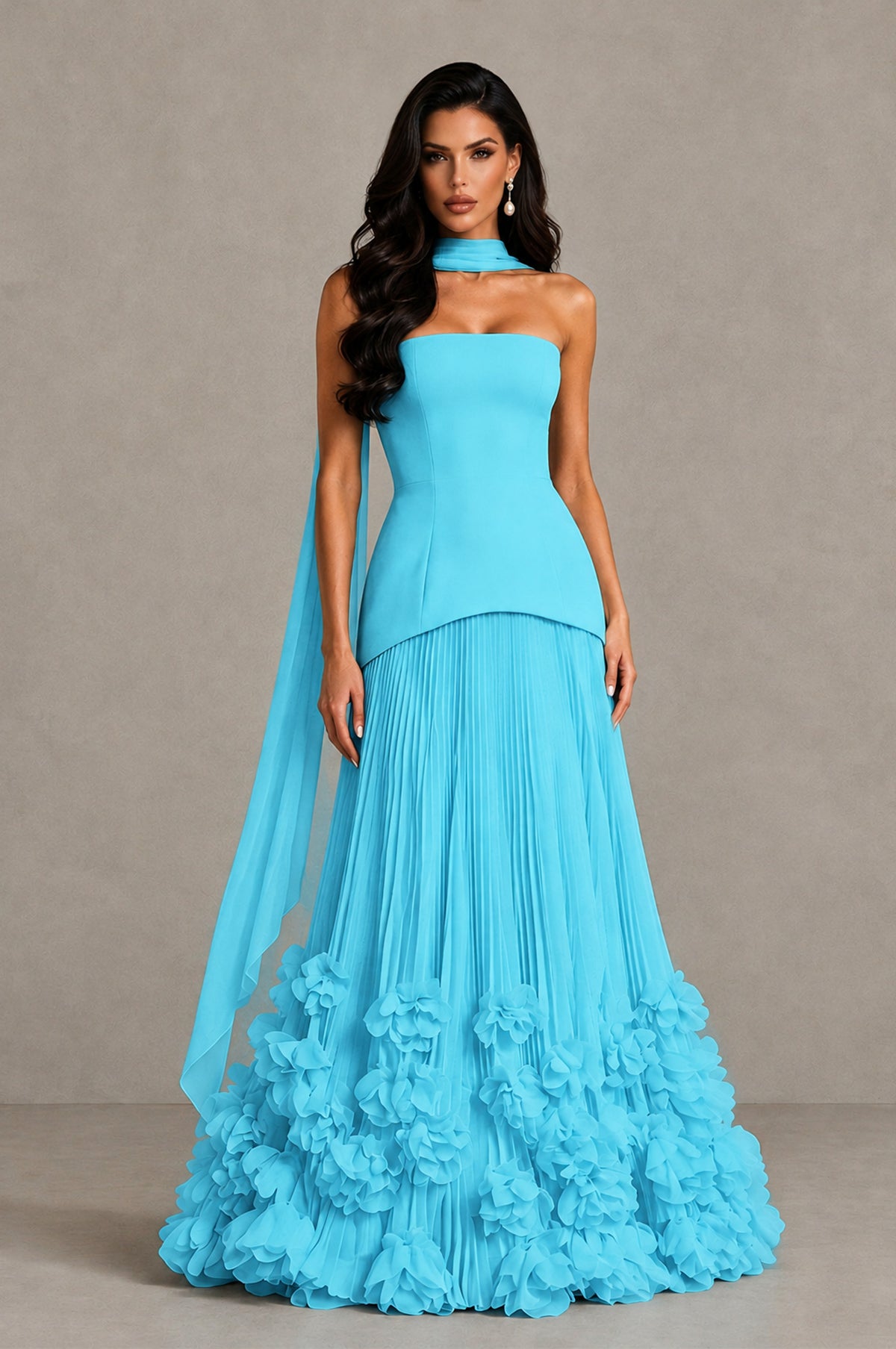 BOLODOO Pool Strapless Pleated Floral Hem Evening Gown - Pool - Pool_1