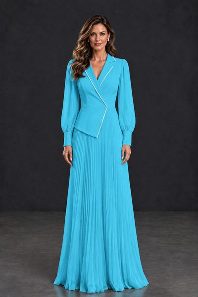 BOLODOO Pool Long Sleeve Pleated Mother of the Bride Dress - Pool - Pool_1