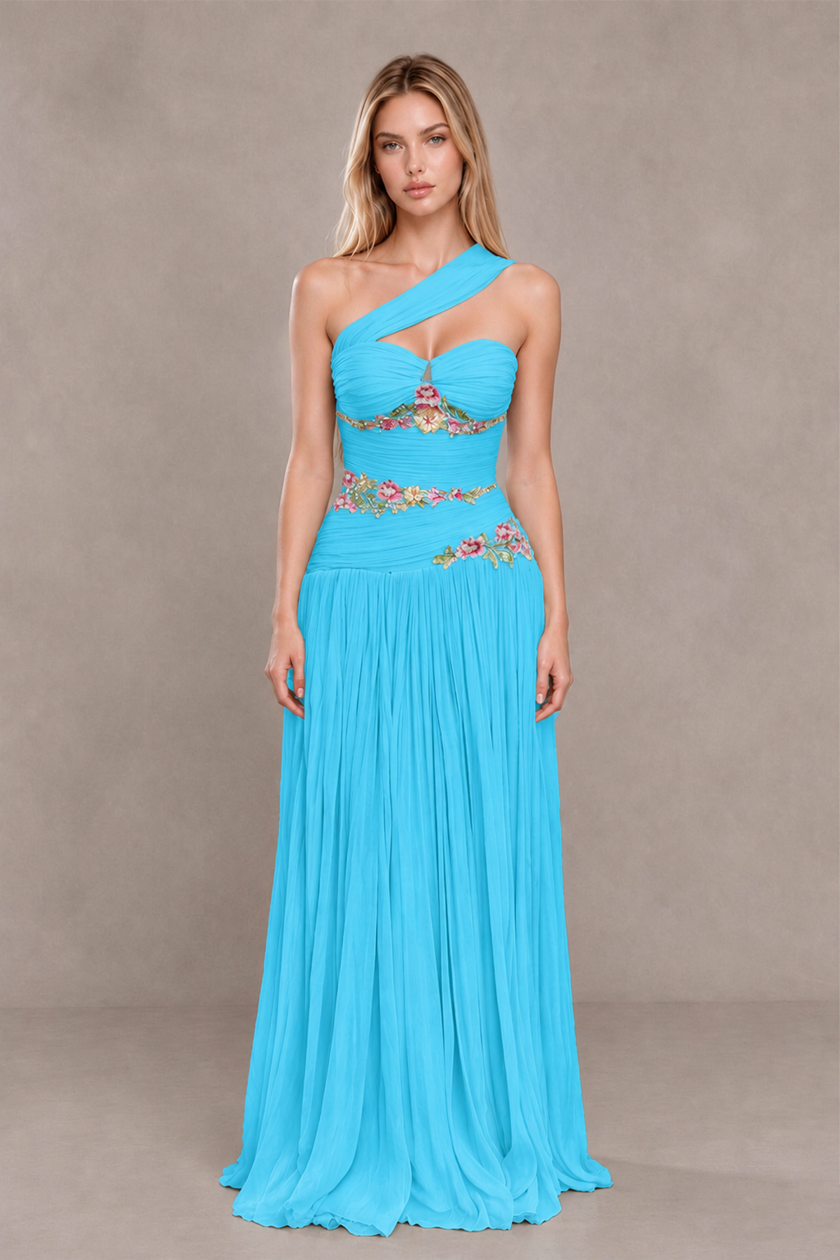 BOLODOO Pool One-Shoulder Floral Applique A-Line Evening Dress - Pool - Pool_1
