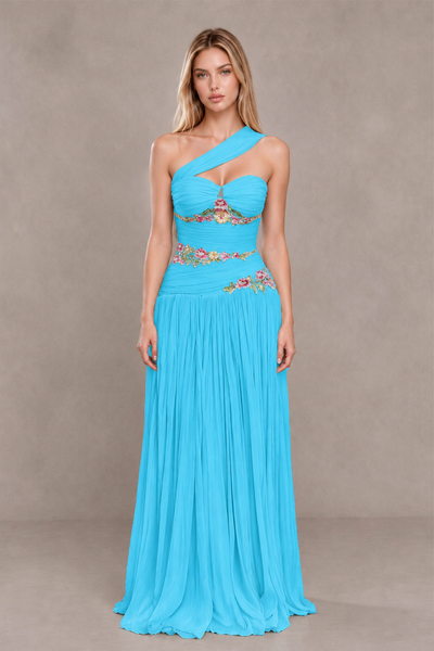 BOLODOO Pool One-Shoulder Floral Applique A-Line Evening Dress - Pool - Pool_1