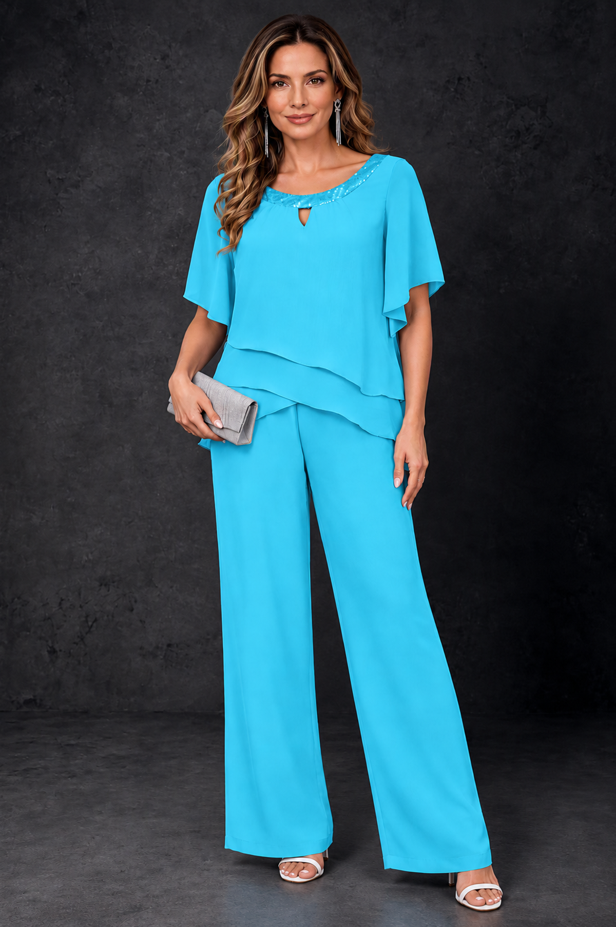 BOLODOO Pool Layered Chiffon-Look Mother of the Bride Pantsuit - Pool - Pool_1