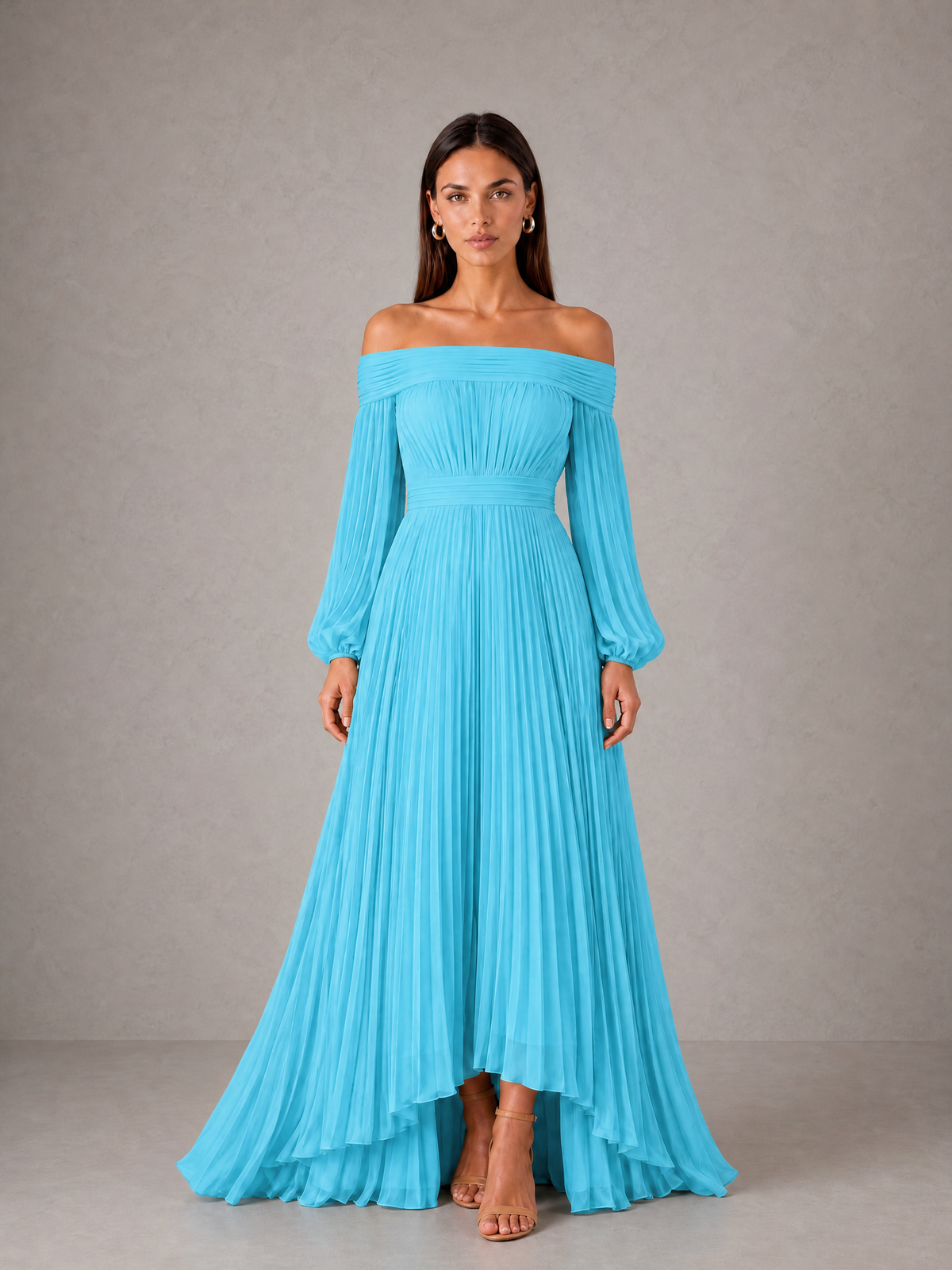 BOLODOO Pool Off-Shoulder Long Sleeve Pleated High-Low Dress - Pool - Pool_1