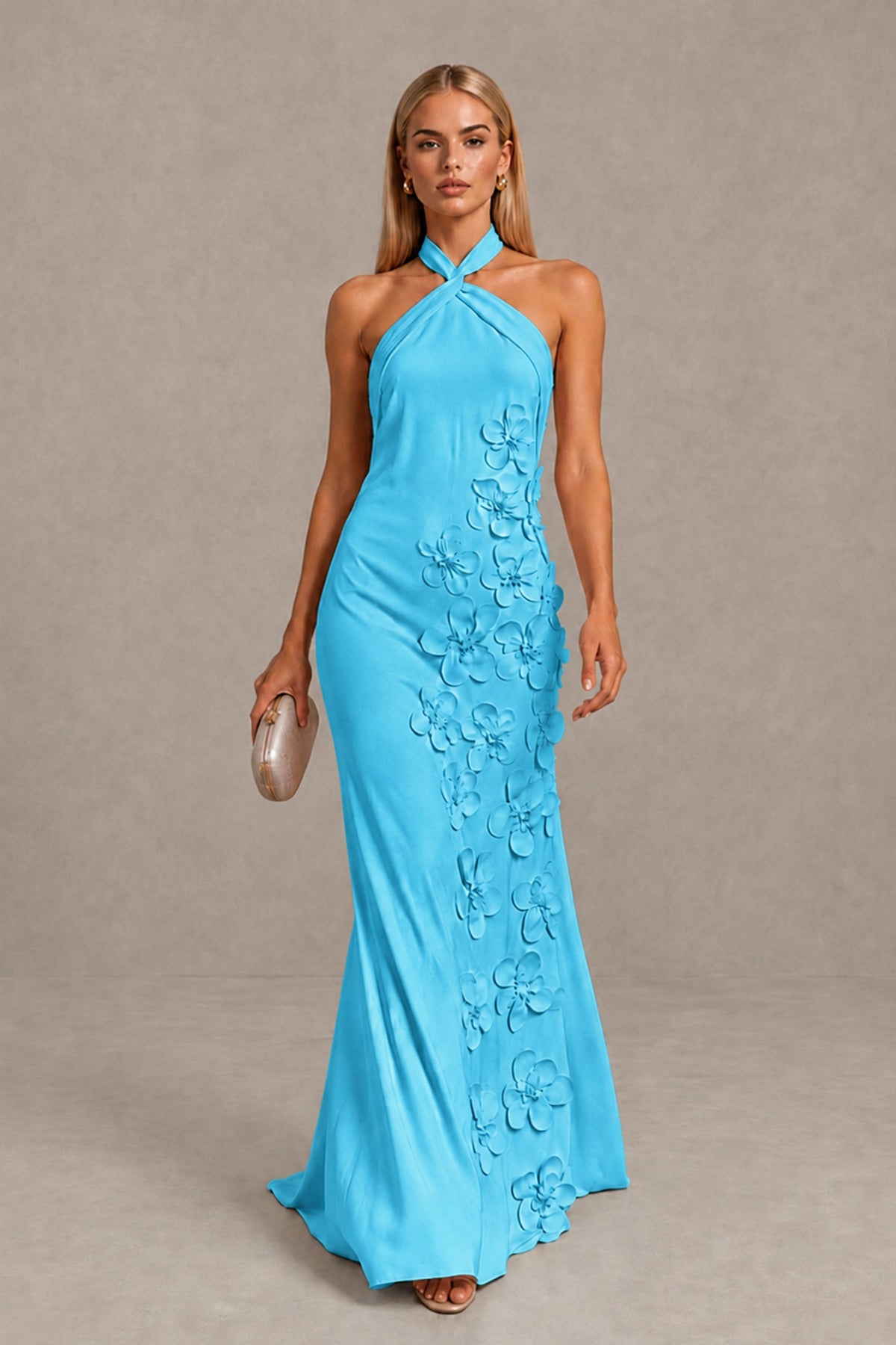 BOLODOO Pool Cross Halter Neck 3D Floral Appliqué Backless Mermaid Maxi Gown - Pool - Pool_1