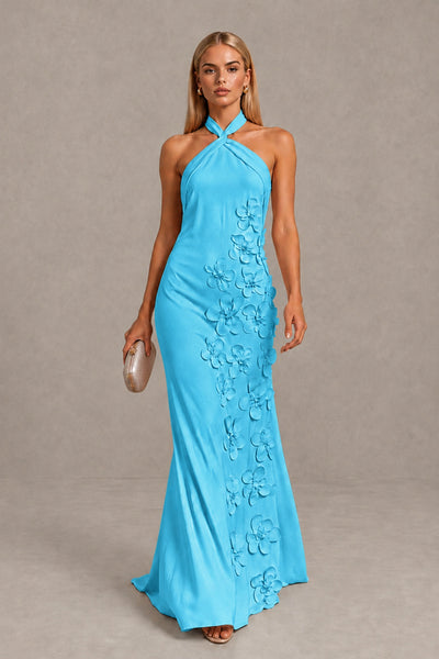 BOLODOO Pool Cross Halter Neck 3D Floral Appliqué Backless Mermaid Maxi Gown - Pool - Pool_1