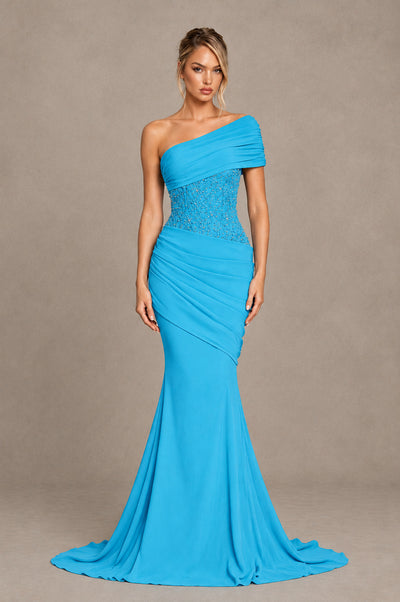 BOLODOO Pool One-Shoulder Sequin Embroidered Ruched Mermaid Gown with Train - Pool - Pool_1