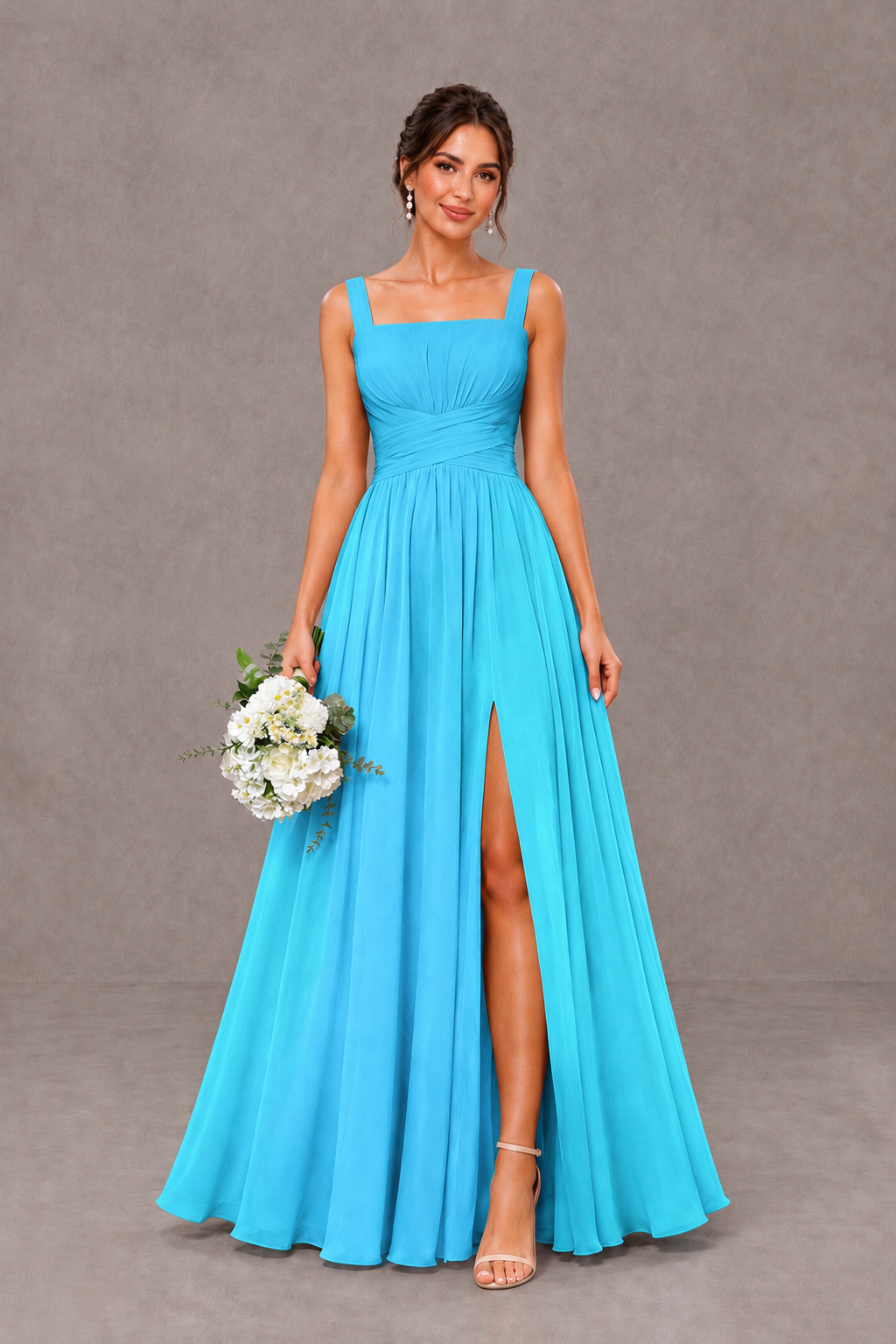 BOLODOO Pool Square Neck A-Line Bridesmaid Dress with Slit - Pool - Pool_1
