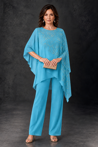 BOLODOO Pool Embellished Cape Pant Suit for Mother of the Bride - Pool - Pool_1