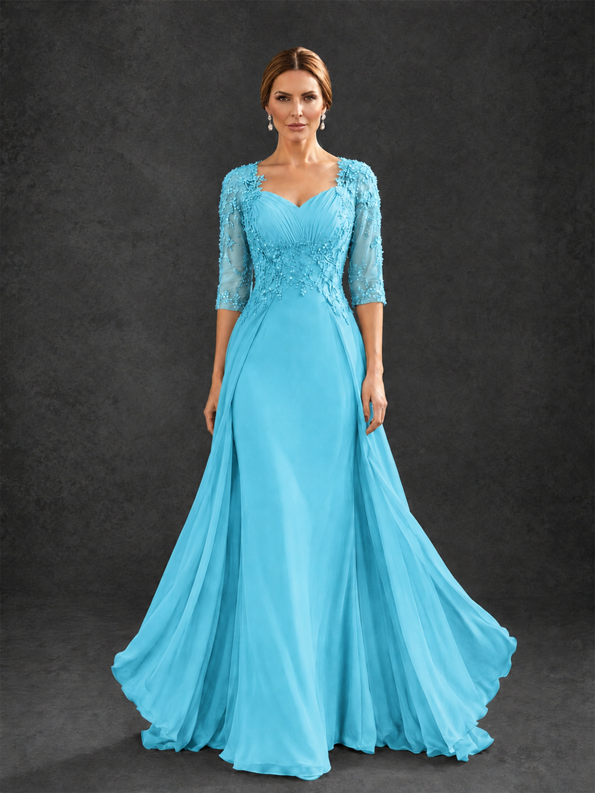 BOLODOO Pool Sweetheart Neck 3/4 Sleeve Floral Lace Illusion Bodice Chiffon A-Line Gown - Pool - Pool_1