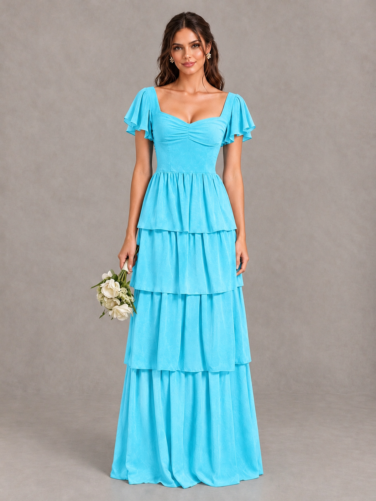 BOLODOO Pool Flutter Sleeve Tiered Maxi Bridesmaid Dress - Pool - Pool_1