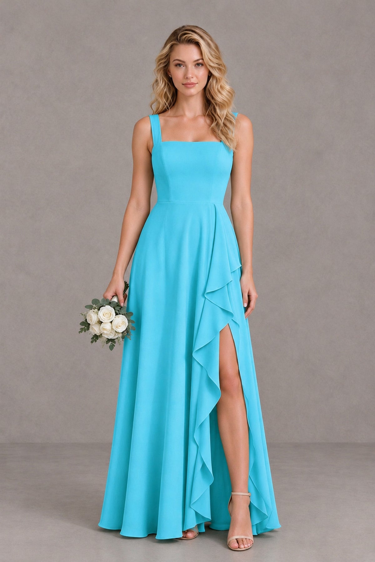 BOLODOO Pool Square Neck Ruffle A-Line Bridesmaid Dress with Slit - Pool - Pool_1