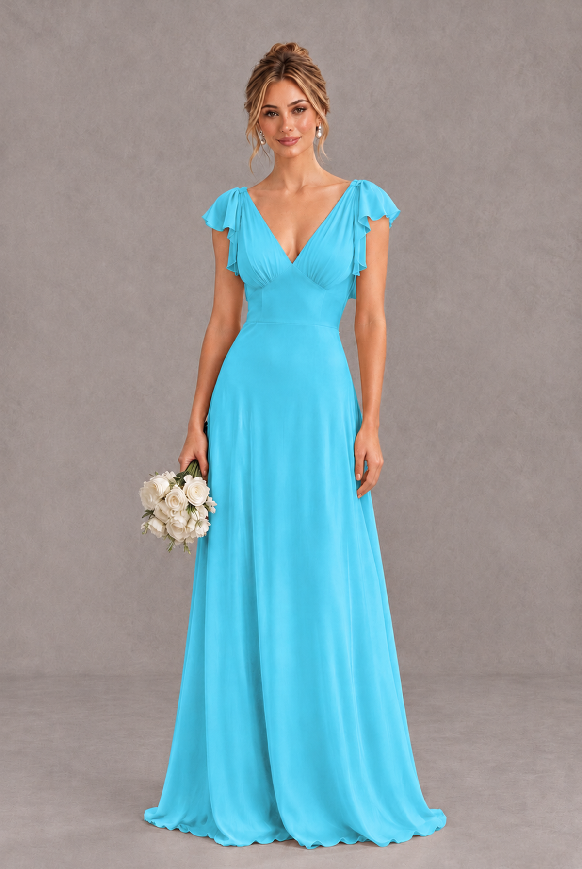 BOLODOO Pool V-Neck Flutter Sleeve A-Line Bridesmaid Dress - Pool - Pool_1