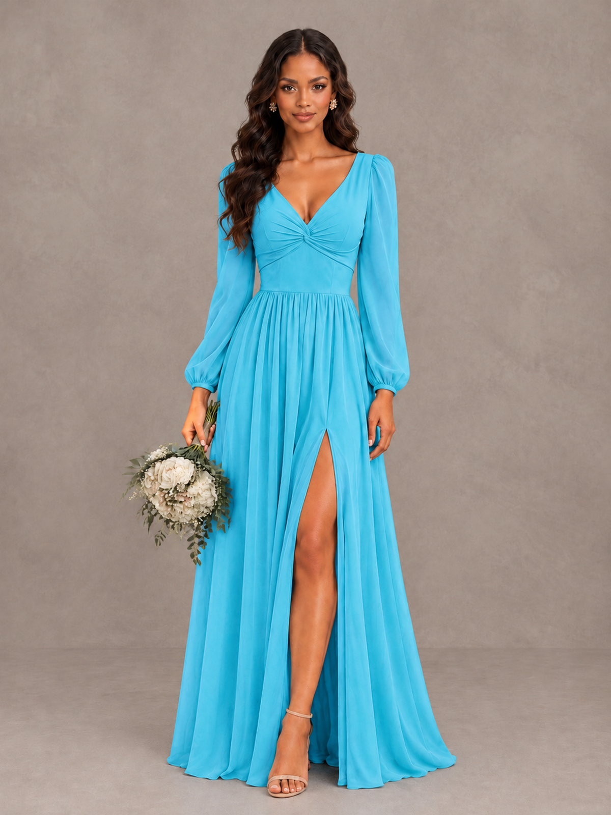 BOLODOO Pool V-Neck Long Sleeve Bridesmaid Dress with Tie Back and Slit - Pool - Pool_1