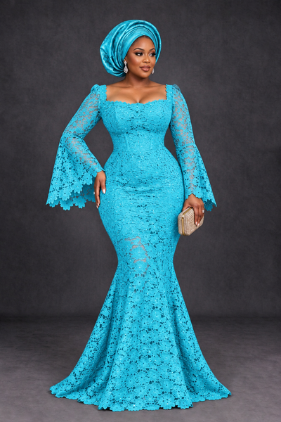 BOLODOO Pool African Lace Mermaid Dress, Plus Size Nigerian Wedding Guest Gown with Bell Sleeves - Pool - Pool_1