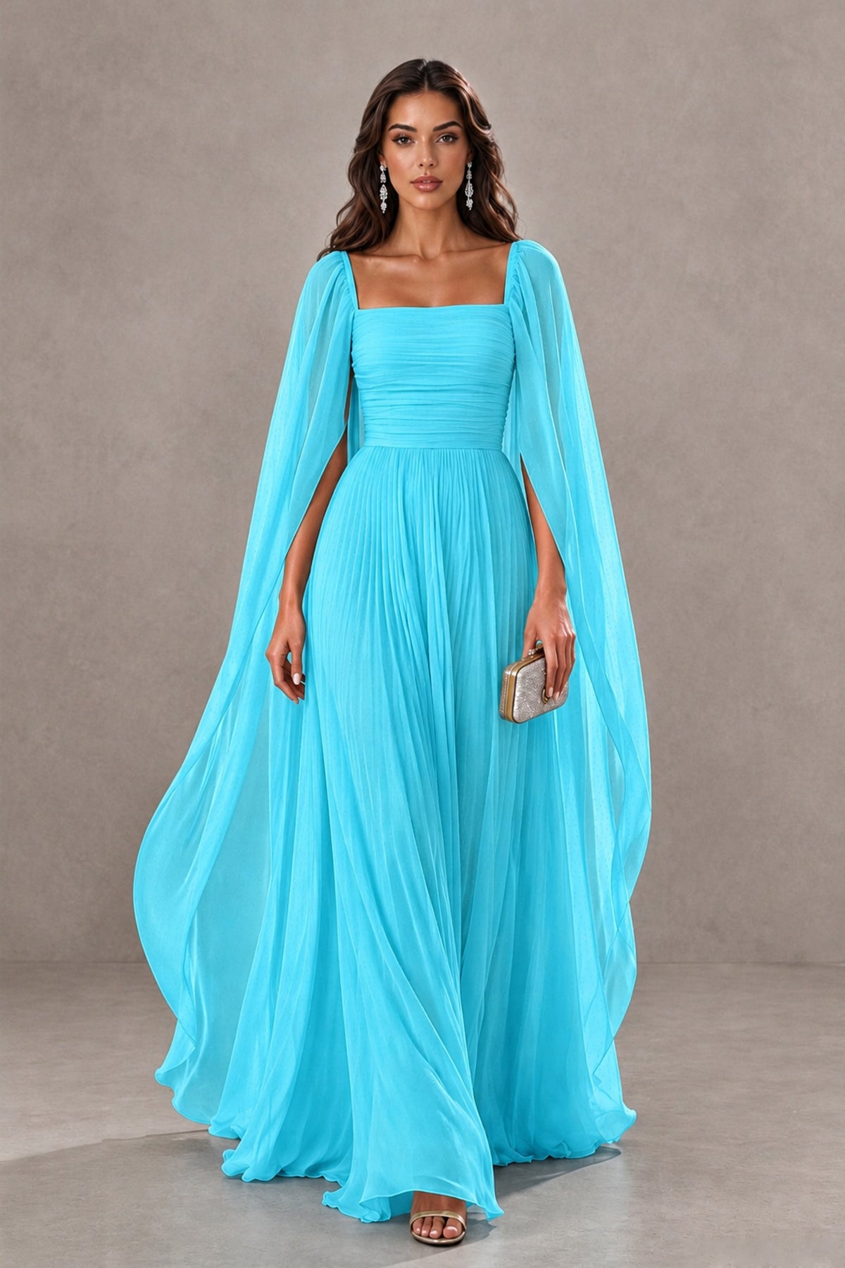 BOLODOO Pool Square Neck Cape Sleeve A-Line Evening Dress - Pool - Pool_1