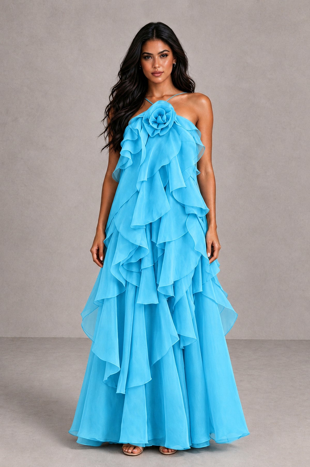 BOLODOO Pool Cascading Ruffle Rosette Open-Back Maxi Dress - Pool - Pool_1