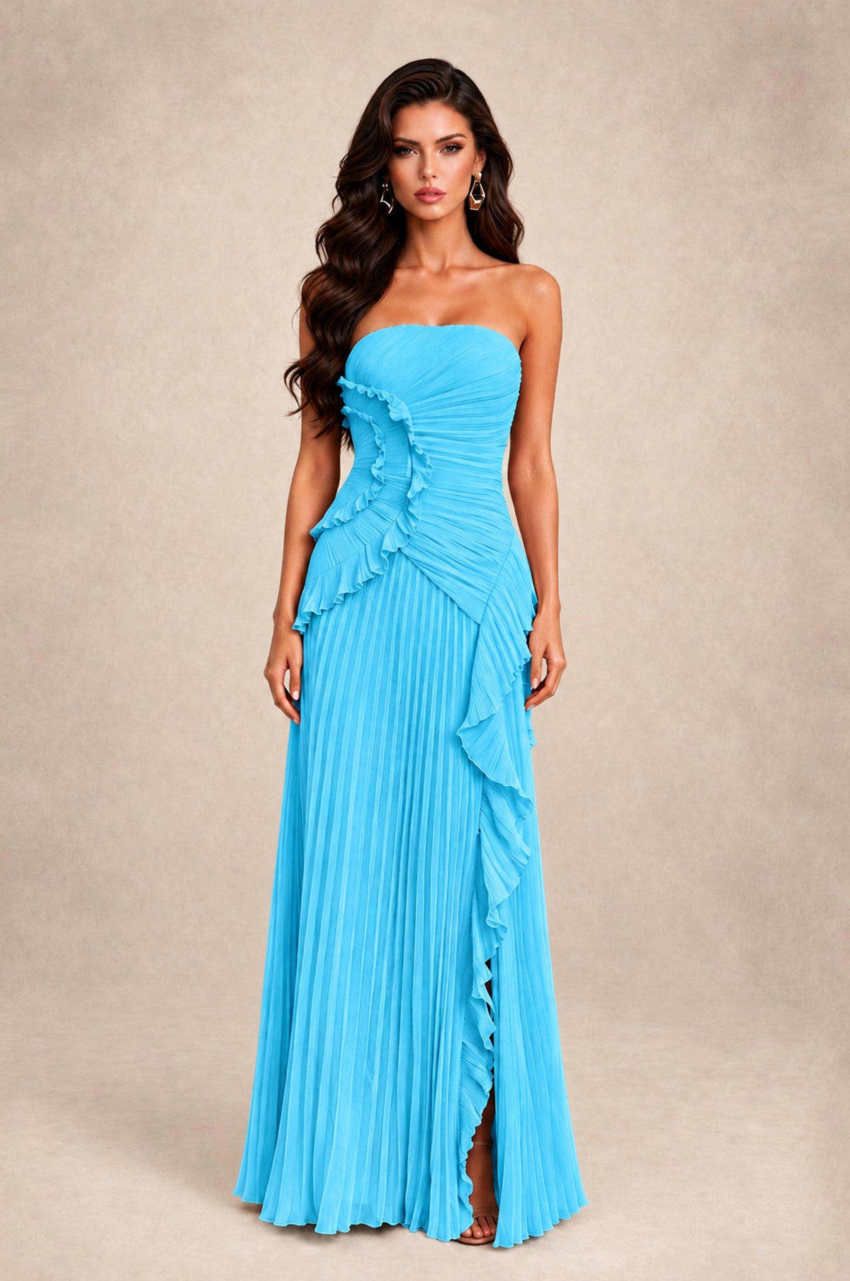 BOLODOO Pool Strapless Ruffle Pleated Slit Evening Gown - Pool - Pool_1