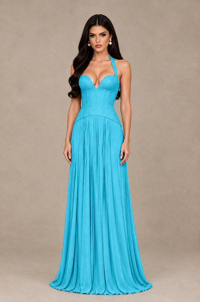 BOLODOO Pool Halter Corset Pleated A-Line Evening Dress - Pool - Pool_1
