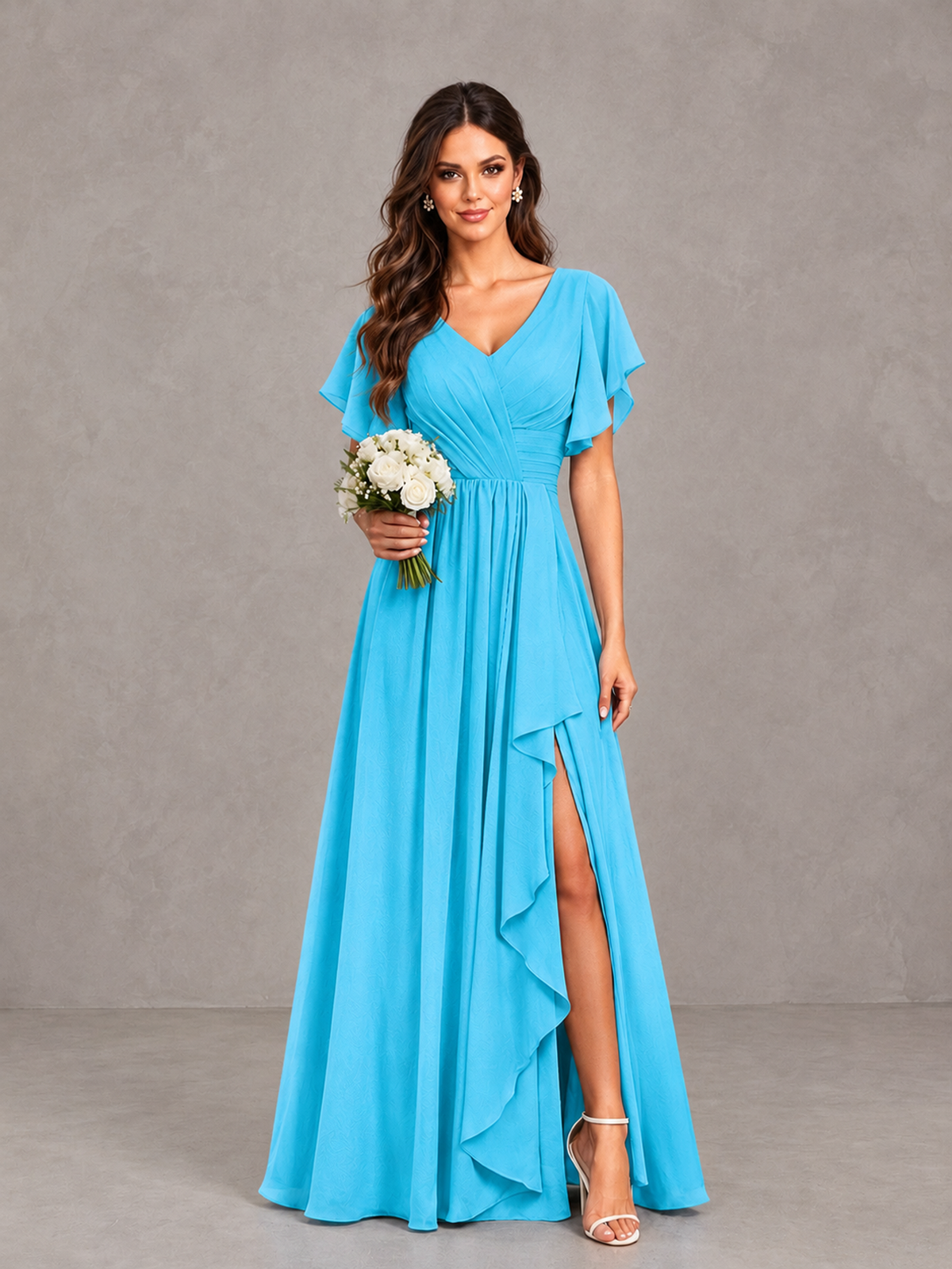 BOLODOO Pool Flutter Sleeve V-Neck Bridesmaid Dress with Ruffle Slit - Pool - Pool_1