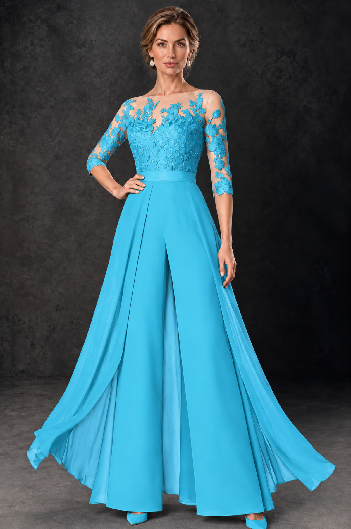 BOLODOO Pool Lace Wide-Leg Jumpsuit with Three-Quarter Sleeves - Pool - Pool_1