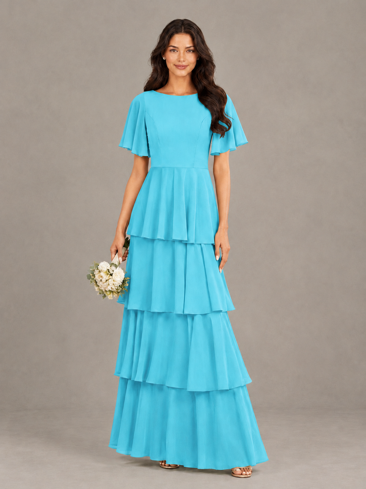 BOLODOO Pool Tiered Flutter Sleeve Bridesmaid Dress - Pool - Pool_1
