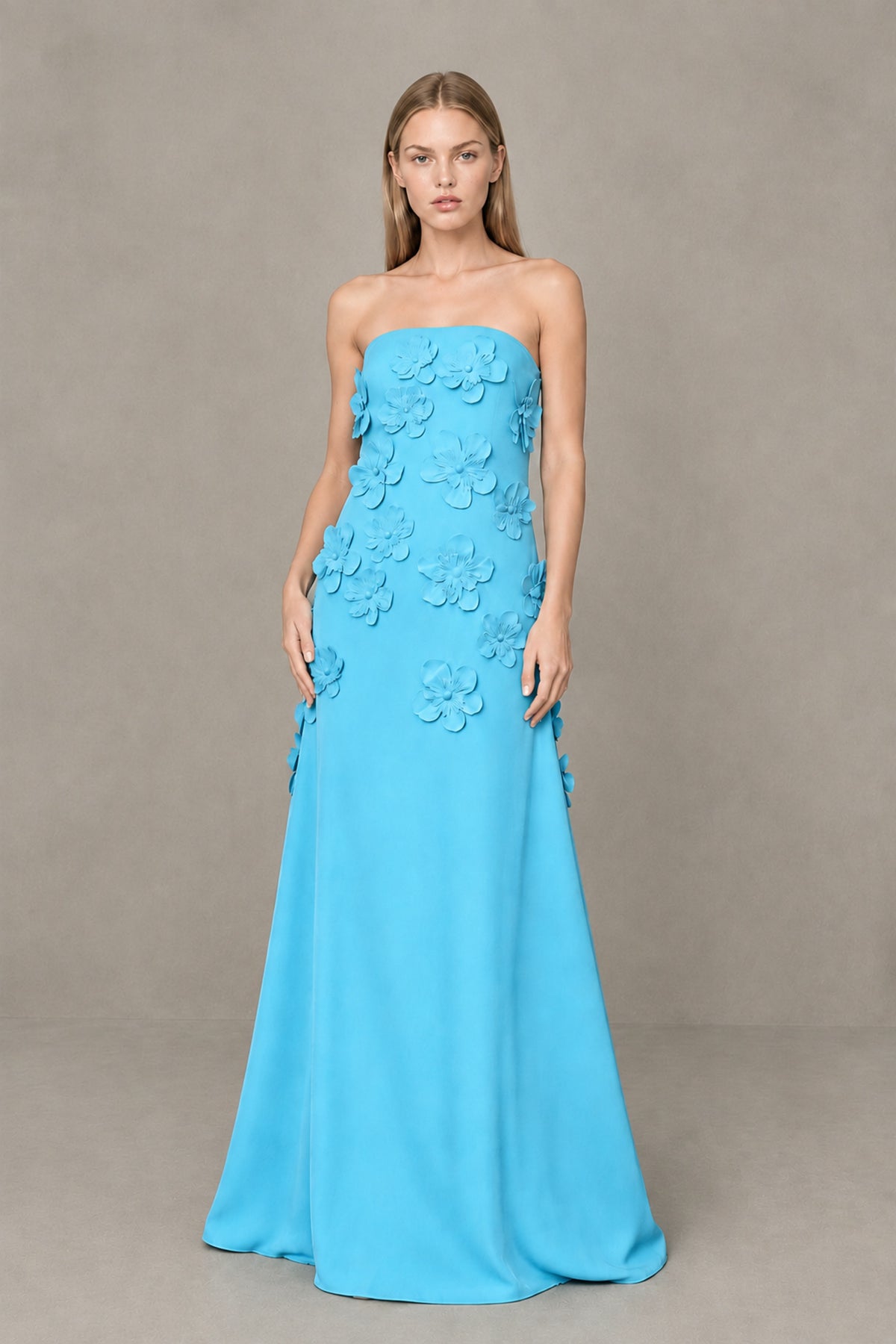 BOLODOO Pool Strapless 3D Floral Appliqué Crepe Maxi Gown - Pool - Pool_1