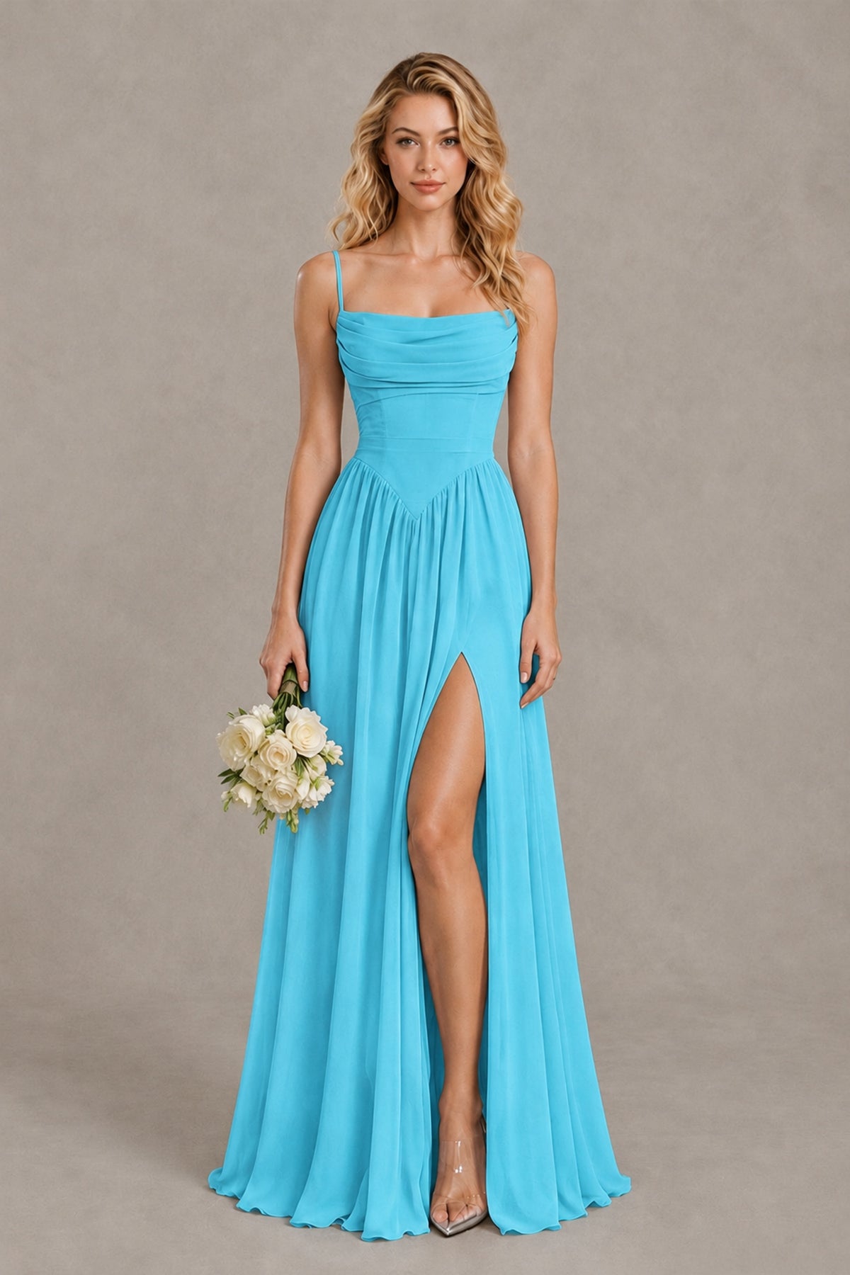 BOLODOO Pool Spaghetti Strap A-Line Bridesmaid Dress with Slit - Pool - Pool_1