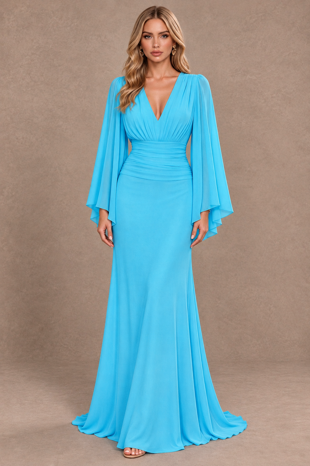 BOLODOO Pool Cape Sleeve V-Neck Ruched Chiffon Evening Dress - Pool - Pool_1