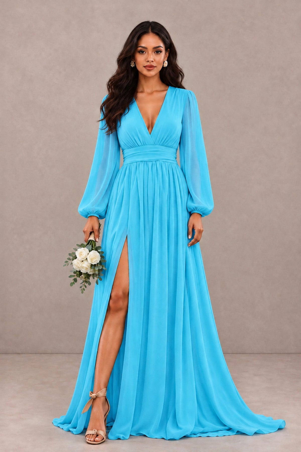 BOLODOO Pool Long Sleeve V-Neck A-Line Gown with Open Back & Slit - Pool - Pool_1