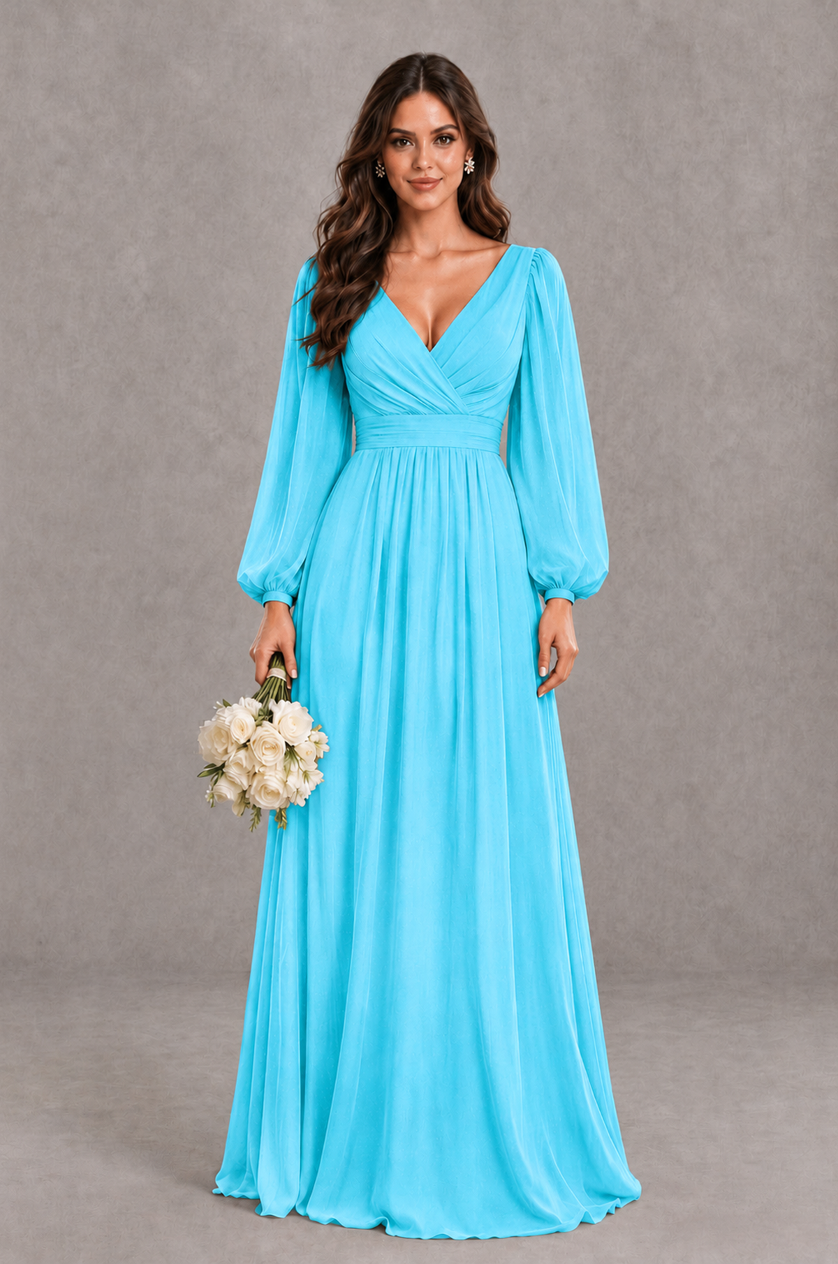 BOLODOO Pool Long Sleeve V-Neck A-Line Bridesmaid Dress - Pool - Pool_1
