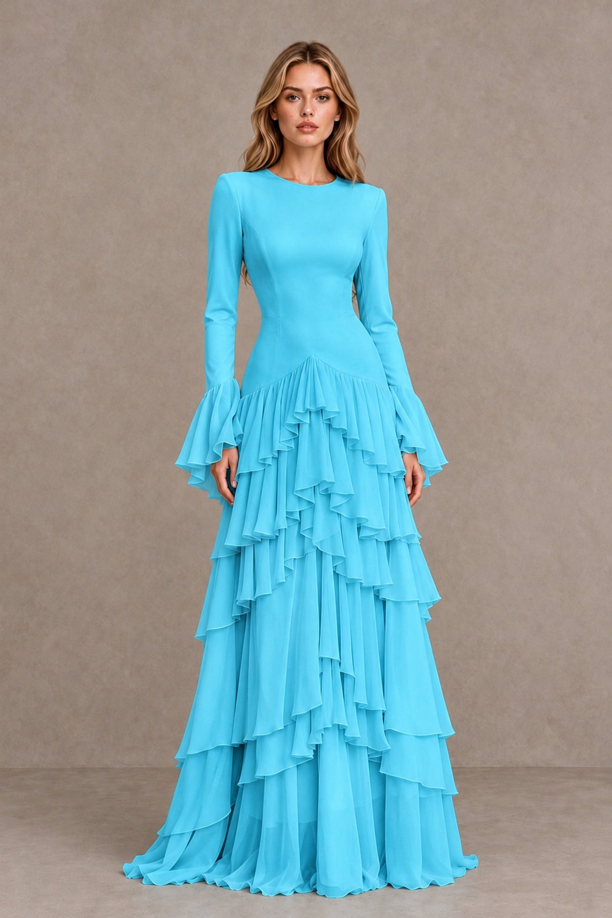 Pool Long Sleeve Tiered Ruffle Evening Gown - Pool - Pool_1