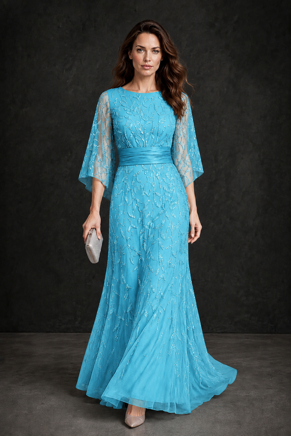BOLODOO Pool Bateau Neck Bell Sleeve Sequin Embroidered Satin Waist A-Line Maxi Dress - Pool - Pool_1