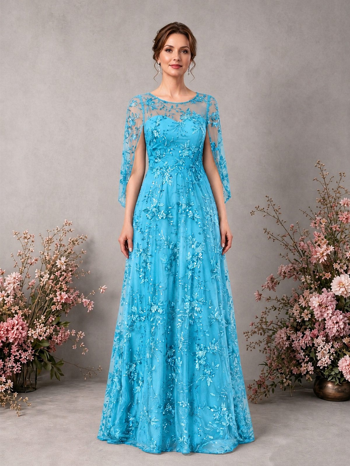 BOLODOO Pool Sequin Lace Cape Sleeve Formal Evening Gown - Pool - Pool_1