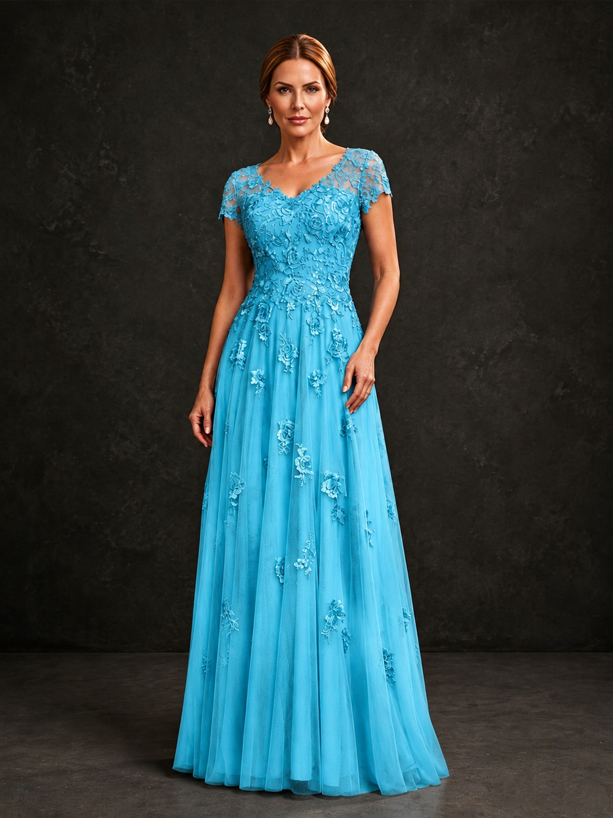 BOLODOO Pool Cap Sleeve Lace Appliqué A-Line Formal Gown | Mother of the Bride Dress - Pool - Pool_1