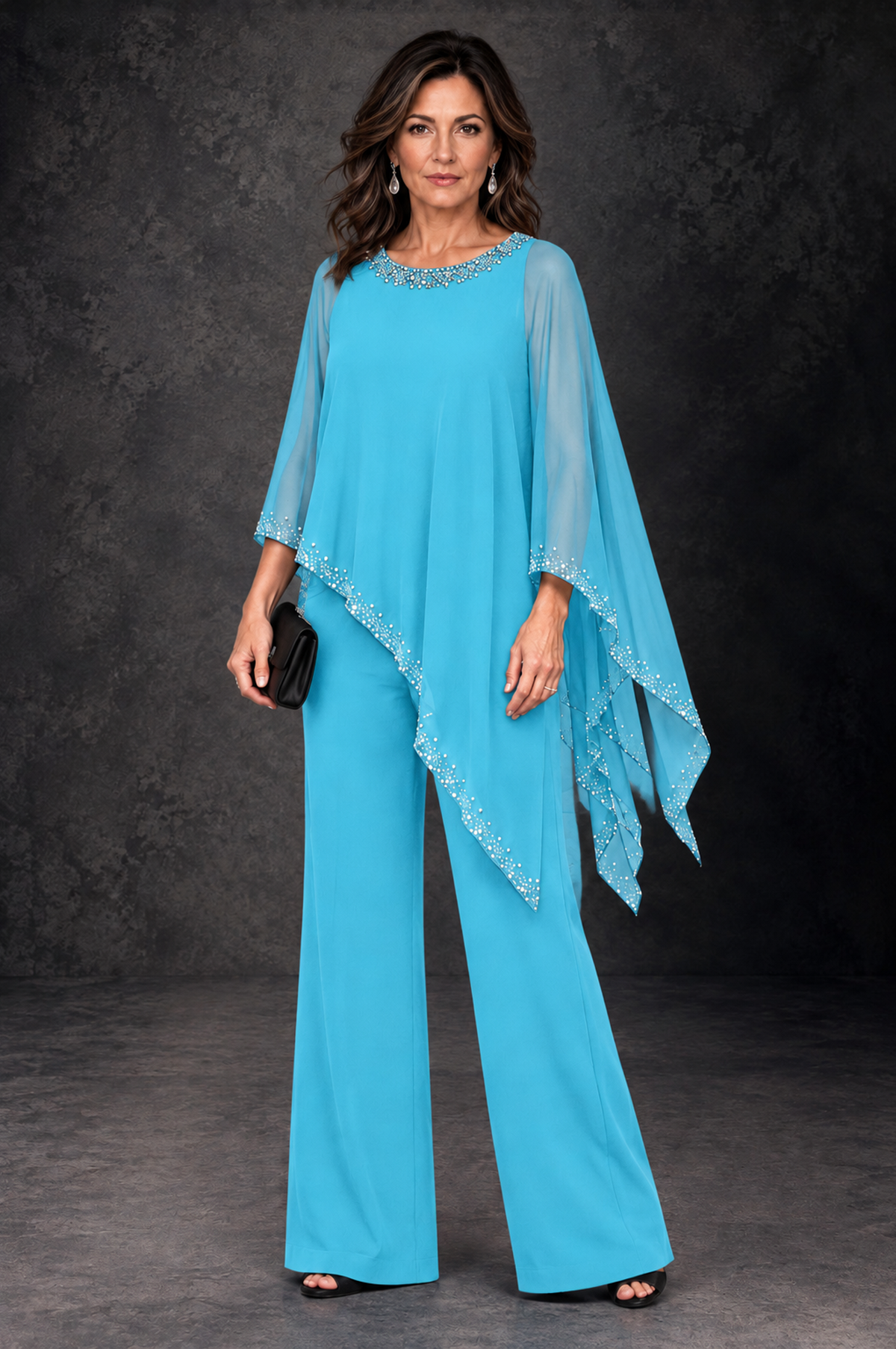 BOLODOO Pool Embellished Cape Mother of the Bride Pantsuit - Pool - Pool_1